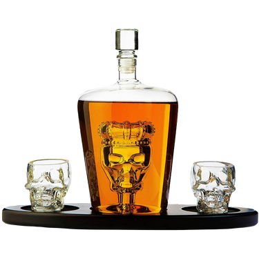 Skull King Skeleton Wine & Whiskey Globe Decanter Set 750 mL With 2 Skull Head 3oz Skeletons Shot Glasses + Mahogany Wooden Base Decor Glass, Goth Spooky Drinking Glassware The Wine Savant-0
